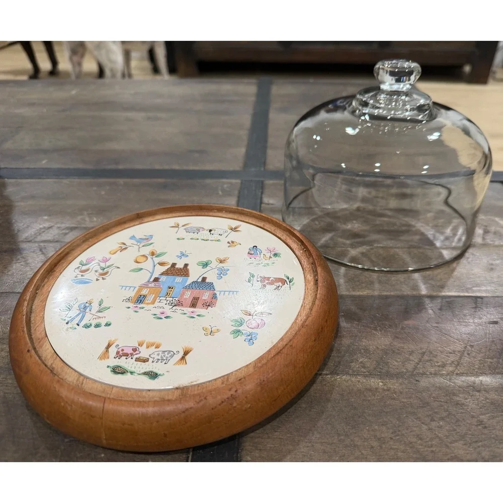 RARE International Heartland Cheese Dome Glass Cloche Wooden Base Cottagecore